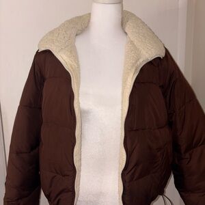 Hollister Brown Puffer Jacket with Cream Collar